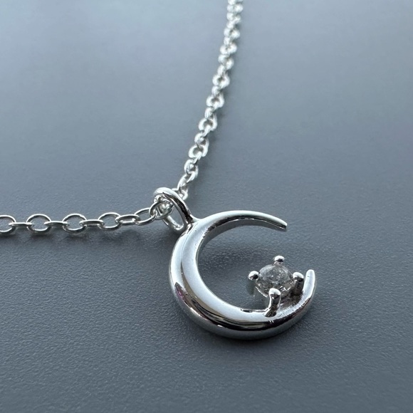 Sterling Silver CZ Crescent Moon Necklace - Picture 9 of 11
